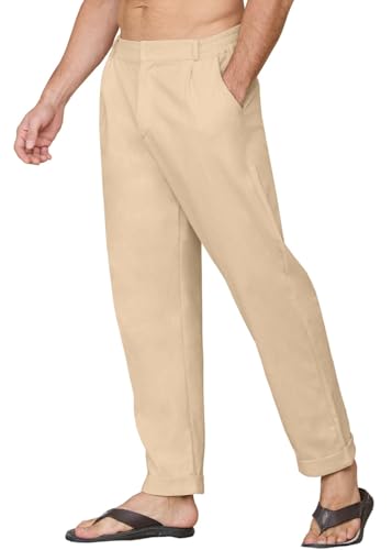 Joligiao Leinenhose Herren Lang Sommer Leichte Sommerhose Leichte Hose mit Elastischer Bund Stoffhose Lässige Leinenhose mit Taschen Loose Fit Casual Freizeithose Strandhose Baumwolle Leinenhosen von Joligiao