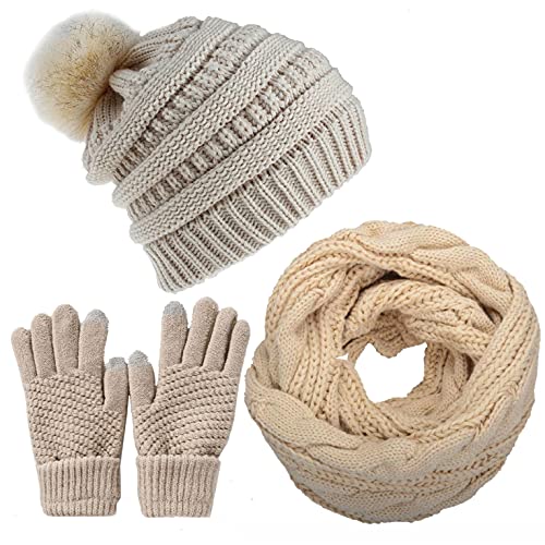 Joligiao Mütze Schal Damen Winter Beanie Strickmütze Set Damen Fellbommel Beanie Schal Set Stricken Touchscreen-Handschuhe Weiche Loop Schal Fleece Handschuhe Chic,Beige,Einheitsgröße von Joligiao