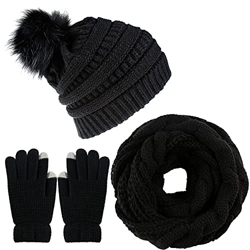 Joligiao Mütze Schal Damen Winter Beanie Strickmütze Set Damen Fellbommel Beanie Schal Set Stricken Touchscreen-Handschuhe Weiche Loop Schal Fleece Handschuhe Chic,Schwarz,Einheitsgröße von Joligiao