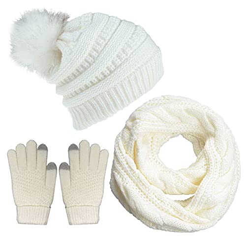 Joligiao Mütze Schal Damen Winter Beanie Strickmütze Set Damen Fellbommel Beanie Schal Set Stricken Touchscreen-Handschuhe Weiche Loop Schal Fleece Handschuhe Chic,Weiß,Einheitsgröße von Joligiao