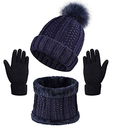 Joligiao Mütze Schal Set Damen Beanie Handschuhe Winter Beanie Strickmütze Set Fellbommel Beanie Stricken Touchscreen Handschuhe Set Fleece Dick Halswärmer Warme,Marine,Einheitsgröße von Joligiao