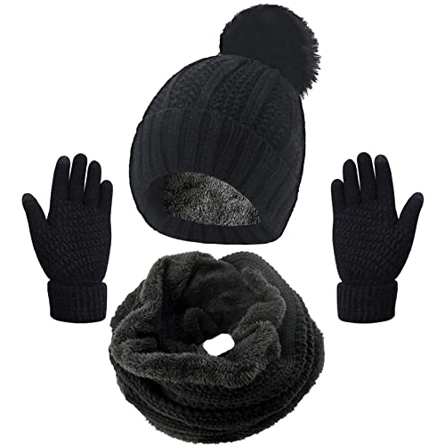 Joligiao Mütze Schal Set Handschuh Damen Winter Strickmütze Beanie Warm Wintermütze mit Pompon Verlängern Loop Schal Weichem Innenfutter Fleece Touchscreen Handschuhe,Schwarz,One Size von Joligiao