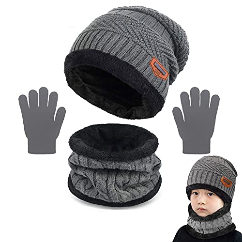 Joligiao Mütze Schal Set Kinder Strickmütze Schal Handschuhe Set Mädchen Winter Beanie Mütze set Jungen Strickmütze Schal Handschuhe Warme Dicke Halswärmer set 2-10 Jahre,Grau,Einheitsgröße von Joligiao