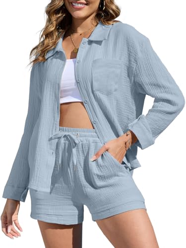Joligiao Zweiteiler Damen Sommer Musselin Bluse Hemd und Shorts Baumwolle Lounge Set Leicht Atmungsaktiv Freizeitanzug Strand Outfit Set Einfarbiges Aesthetic 2 Teiler Loungewear Anzug Mit Taschen von Joligiao