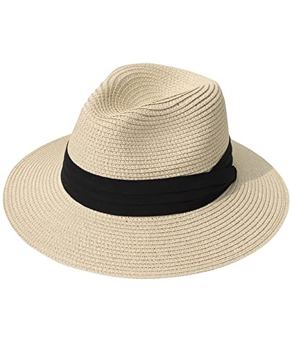 Joligiao Panama Hut Breiter StrohhüTe Sommerhut Krempe Stroh Herren Damen Mit Groß Sonnen Shade Sommer Fedora Strohhut Uv Sonnenhut UPF 50+,Beige von Joligiao