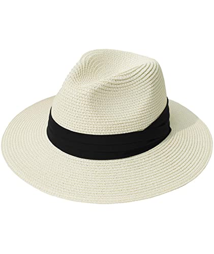 Joligiao Panama Hut Breiter StrohhüTe Sommerhut Krempe Stroh Herren Damen Mit Groß Sonnen Shade Sommer Fedora Strohhut Uv Sonnenhut UPF 50+,Weiß von Joligiao