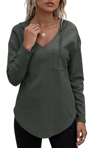 Joligiao Pullover Damen Hoodie Langarm V Ausschnitt Kapuzenpullover Sweatshirt Waffel Pullover mit Kordelzug und Taschen Einfarbig Langarmshirt Casual Oberteile für Herbst Winter(Dunkelgrün,L) von Joligiao