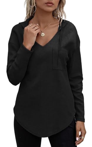 Joligiao Pullover Damen Hoodie Langarm V Ausschnitt Kapuzenpullover Sweatshirt Waffel Pullover mit Kordelzug und Taschen Einfarbig Langarmshirt Casual Oberteile für Herbst Winter(Schwarz,L) von Joligiao