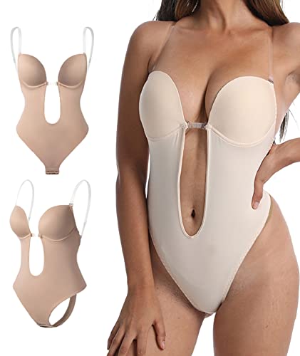 Joligiao Rückenfreier Body Shaper BH Tiefen RüCkenausschnitt Shaper BH Backless Body Shaper Bra Mit Transparenten TräGern, Tiefer V-Ausschnitt Body Shaper FüR Damen Partykleid,S,Beige von Joligiao