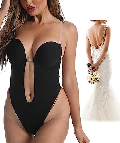 Joligiao Rückenfreier Body Shaper BH Tiefen RüCkenausschnitt Shaper BH Backless Body Shaper Bra Mit Transparenten TräGern, Tiefer V-Ausschnitt Body Shaper FüR Damen Partykleid,M,Schwarz von Joligiao