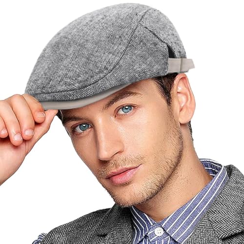 Joligiao Schiebermütze Herren Barett Cap Herbst Winter Tweed Mützen Barett Hut Verstellbar Baumwolle Flache Kappe Vintage Freizeit Klassische Barett Driving Hüte A-Hellgrau Einheitsgröße von Joligiao