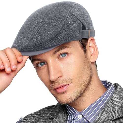 Joligiao Schiebermütze Herren Barett Cap Herbst Winter Tweed Mützen Barett Hut Verstellbar Baumwolle Flache Kappe Vintage Freizeit Klassische Barett Driving Hüte A-Tiefes Grau Einheitsgröße von Joligiao