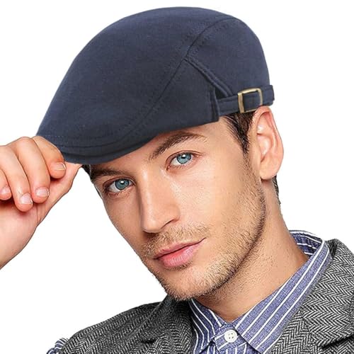 Joligiao Schiebermütze Herren Barett Cap Herbst Winter Tweed Mützen Barett Hut Verstellbar Baumwolle Flache Kappe Vintage Freizeit Klassische Barett Driving Hüte B-Marineblau Einheitsgröße von Joligiao