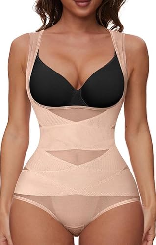 Joligiao Shapewear Damen Bauchweg Bodysuit Figurenformend Body Shaper Formende Body Shaper Taillenformer Unterbrust Korsett Shaping Bodysuit mit Haken Unterwäsche Beige L von Joligiao