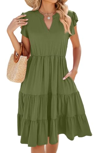Joligiao Sommerkleid Damen Kurz Kleid V Ausschnitt Rüschen Hemdkleid Elegant Casual Einfarbig Kurzes Kleid Freizeitkleider Kurze Ärmel Lose A Linie Kleider mit Taschen Mode Leicht Knielang Kleider von Joligiao