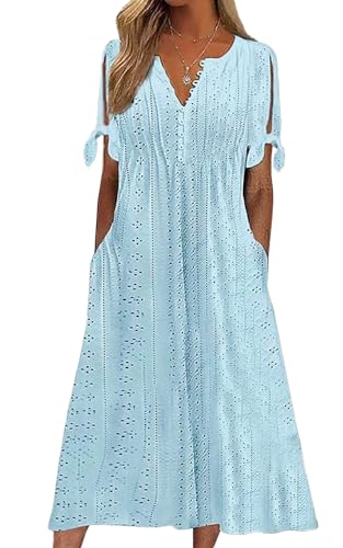 Joligiao Sommerkleid Damen Kurzen Ärmeln Sommer Strandkleid V-Ausschnitt Freizeitkleid Knopfleiste Strandkleider Mädchen Maxikleid Freizeit Strandkleid mit Taschen(Blau,M) von Joligiao