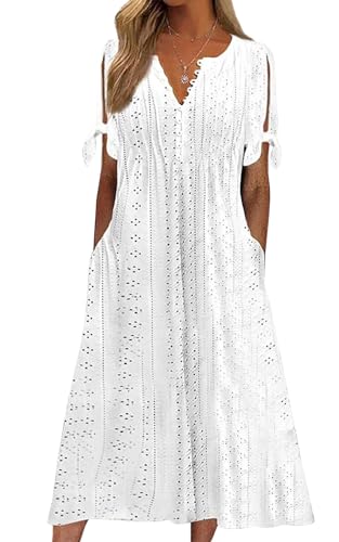 Joligiao Sommerkleid Damen Kurzen Ärmeln Sommer Strandkleid V-Ausschnitt Freizeitkleid Knopfleiste Strandkleider Mädchen Maxikleid Freizeit Strandkleid mit Taschen(Weiß,XL) von Joligiao