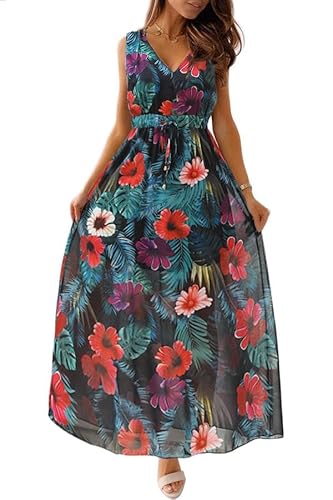 Joligiao Sommerkleid Damen Lang Maxikleid Sommer V Ausschnitt Kleid Blumen Elegant Sommer Kleid Boho Ärmelloses Lang Kleid Spaghettiträger Freizeitkleid Hochzeitsgast Strandkleid(Rot,L) von Joligiao