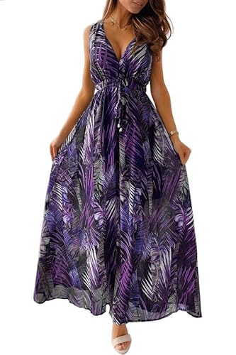 Joligiao Sommerkleid Damen Lang Maxikleid Sommer V Ausschnitt Kleid Blumen Elegant Sommer Kleid Boho Ärmelloses Lang Kleid Spaghettiträger Freizeitkleid Hochzeitsgast Strandkleid(Violett,L) von Joligiao