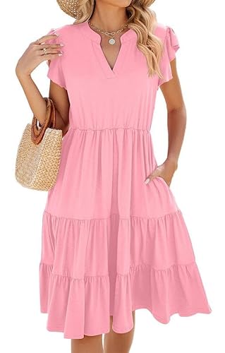 Joligiao Sommerkleid Damen V-Ausschnitt Ärmellos Kleider Sommer Baumwolle Minikleid Kurz Tunikakleid Rüschenkleid Strandkleid Leicht mit Taschen Kurze Freizeitkleid T-Shirt Kleid(Rosa,XL) von Joligiao