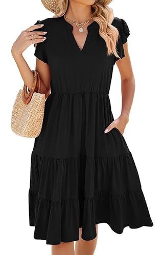 Joligiao Sommerkleid Damen V-Ausschnitt Ärmellos Kleider Sommer Baumwolle Minikleid Kurz Tunikakleid Rüschenkleid Strandkleid Leicht mit Taschen Kurze Freizeitkleid T-Shirt Kleid(Schwarz,L) von Joligiao