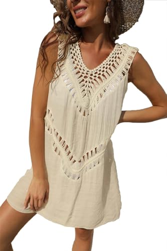 Joligiao Strandkleid Damen Gestrickte Sommer V-Ausschnitt Bikini Cover Up Strandponcho Strandurlaub Badeanzug Boho Strandkleid Cutout Crochet Boho Strand Tunika(Beige) von Joligiao