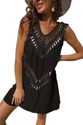 Joligiao Strandkleid Damen Gestrickte Sommer V-Ausschnitt Bikini Cover Up Strandponcho Strandurlaub Badeanzug Boho Strandkleid Cutout Crochet Boho Strand Tunika(Schwarz) von Joligiao