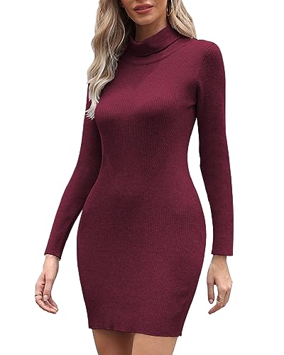 Joligiao Strickkleid Damen Rollkragen Elegant Pulloverkleid Langarm Winterkleid Pullover Kleid Freizeitkleid Casual Strickpullover Minikleid Pullikleid Cocktailkleid für Herbst Winter(Weinrot,S) von Joligiao