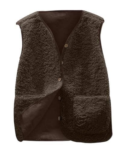 Joligiao Teddy Fleece Weste Damen Herbst Winter Warm Ärmellos Westen Leicht Casual Einfarbig Jacke Button-Down mit V Ausschnitt Westen mit Taschen Outwear von Joligiao