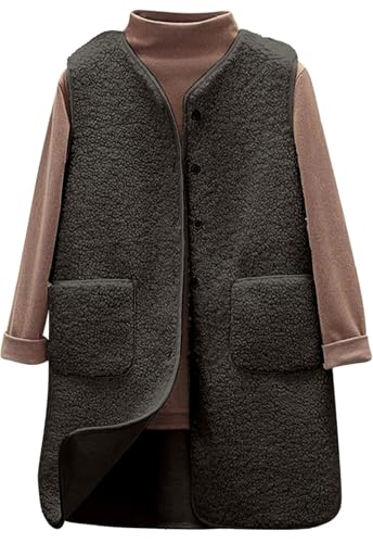 Joligiao Teddy Fleece Weste Damen Lang Herbst Winter Fleeceweste Warm Ärmellos Damenweste Leicht Einfarbig Fellweste V Ausschnitt Teddyjacke Langes Freizeit Teddywesten Lässig Knöpfen Plüschweste von Joligiao