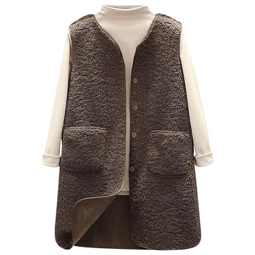 Joligiao Teddy Fleece Weste Damen Lang Herbst Winter Fleeceweste Warm Ärmellos Damenweste Leicht Einfarbig Fellweste V Ausschnitt Teddyjacke Langes Freizeit Teddywesten Lässig Knöpfen Plüschweste von Joligiao