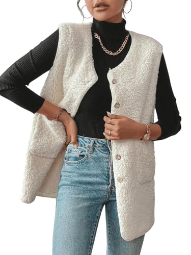Joligiao Teddy Fleece Weste Damen Lang Leichte Weste Fleeceweste Ärmellos Westen Winterweste mit Knöpfen Damenweste V-Ausschnitt Plüschweste Mit Taschen Teddyweste Pelzjacke(Beige,XL) von Joligiao