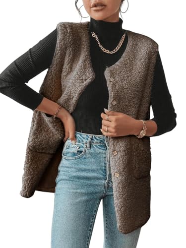 Joligiao Teddy Fleece Weste Damen Lang Leichte Weste Fleeceweste Ärmellos Westen Winterweste mit Knöpfen Damenweste V-Ausschnitt Plüschweste Mit Taschen Teddyweste Pelzjacke(Kaffeebraun,XXL) von Joligiao