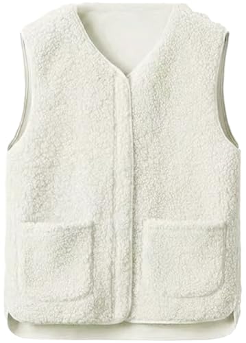 Joligiao Teddy Fleece Weste Damen Leichte Weste Fleeceweste Herbst Winter Warm Ärmellose Westen Kurze Winterjacke mit Reißverschluss Damenweste V-Ausschnitt Plüschweste Mit Taschen(Beige,XL) von Joligiao