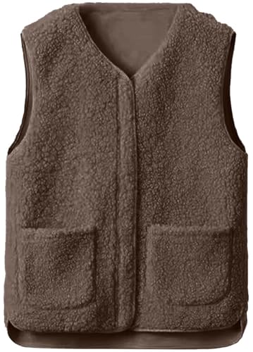 Joligiao Teddy Fleece Weste Damen Leichte Weste Fleeceweste Herbst Winter Warm Ärmellose Westen Kurze Winterjacke mit Reißverschluss Damenweste V-Ausschnitt Plüschweste Mit Taschen(Kaffeebraun,M) von Joligiao
