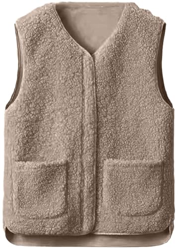 Joligiao Teddy Fleece Weste Damen Leichte Weste Fleeceweste Herbst Winter Warm Ärmellose Westen Kurze Winterjacke mit Reißverschluss Damenweste V-Ausschnitt Plüschweste Mit Taschen(khaki,M) von Joligiao