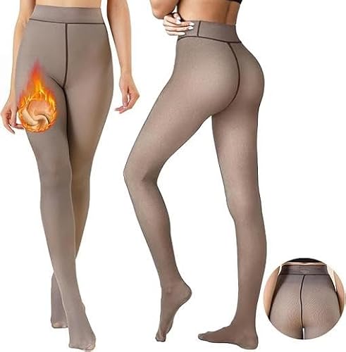 Joligiao Thermostrumpfhosen für Damen Fleece Winterstrumpfhose Gefälschte Durchscheinend Thermostrumpfhose Pantyhose Hohe Taille Wärmende Fleece Strumpfhose,Kaffee Sheer-Haut Fleece,S-M von Joligiao