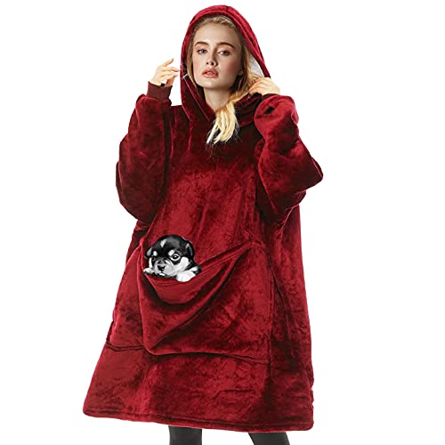 Joligiao Übergroße Hoodie Sweatshirt,Damen Kapuzenpullover Weiche Warme Giant Plüsch Pullover Decke Bequem Große Fronttasche Kapuze für Erwachsene Männer Frauen(Rot,Einheitsgröße) von Joligiao