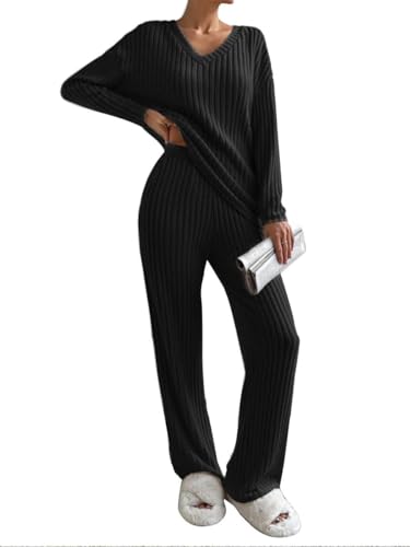 Joligiao Zweiteiler Damen Lounge Set Langarm Rundhalsausschnitt Einfarbig Zweiteiler Outfit Komfortables Loungewear-Set Oberteile mit V-Ausschnitt und Hosen mit weitem Bein Pyjama Sets Schwarz L von Joligiao
