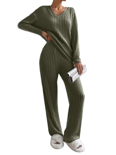 Joligiao Zweiteiler Damen Lounge Set Langarm Rundhalsausschnitt Einfarbig Zweiteiler Outfit Komfortables Loungewear-Set Oberteile mit V-Ausschnitt und Hosen mit weitem Bein Pyjama Sets Armeegrün XL von Joligiao
