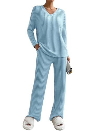 Joligiao Zweiteiler Damen Lounge Set Langarm Rundhalsausschnitt Einfarbig Zweiteiler Outfit Komfortables Loungewear-Set Oberteile mit V-Ausschnitt und Hosen mit weitem Bein Pyjama Sets Blau S von Joligiao