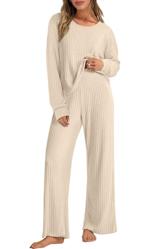 Joligiao Zweiteiler Damen Lounge Set Trainingsanzug Rundhals Einfarbig Loungewear Gerippt Longsleeve Shirt Top mit Hose 2-Teiliges Nachtwäsche Hauskleidung Jogginganzug Hausanzug Freizeit(Beige,XXL) von Joligiao