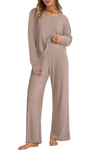 Joligiao Zweiteiler Damen Lounge Set Trainingsanzug Rundhals Einfarbig Loungewear Gerippt Longsleeve Shirt Top mit Hose 2-Teiliges Nachtwäsche Hauskleidung Jogginganzug Hausanzug Freizeit(Khaki,L) von Joligiao