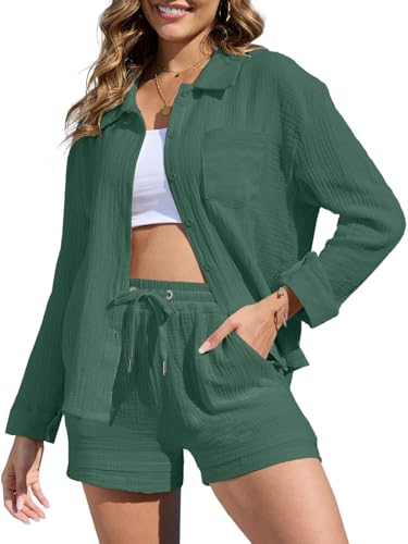 Joligiao Zweiteiler Damen Sommer Musselin Bluse Hemd und Shorts Baumwolle Lounge Set Leicht Atmungsaktiv Freizeitanzug Strand Outfit Set Einfarbiges Aesthetic 2 Teiler Loungewear Anzug Mit Taschen von Joligiao