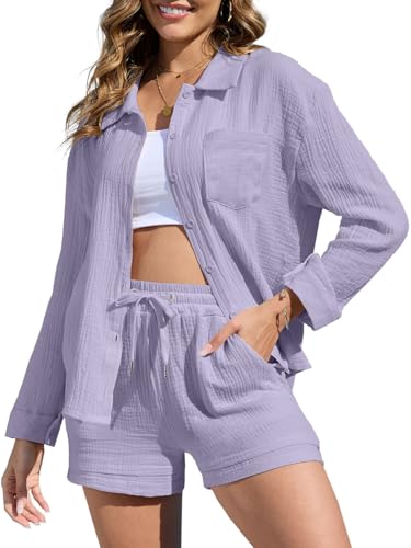 Joligiao Zweiteiler Damen Sommer Musselin Bluse Hemd und Shorts Baumwolle Lounge Set Leicht Atmungsaktiv Freizeitanzug Strand Outfit Set Einfarbiges Aesthetic 2 Teiler Loungewear Anzug Mit Taschen von Joligiao