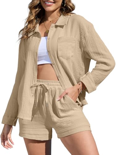 Joligiao Zweiteiler Damen Sommer Musselin Bluse Hemd und Shorts Baumwolle Lounge Set Leicht Atmungsaktiv Freizeitanzug Strand Outfit Set Einfarbiges Aesthetic 2 Teiler Loungewear Anzug Mit Taschen von Joligiao