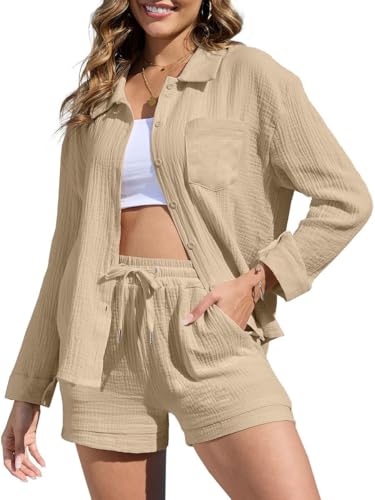 Joligiao Zweiteiler Damen Sommer Musselin Bluse Hemd und Shorts Baumwolle Lounge Set Strand Outfit Set Clothes Aesthetic Langarm Oversized Bluse und Shorts Mit Taschen Freizeitanzug(khaki,M) von Joligiao