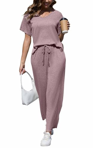 Joligiao Zweiteiler Damen Sommer Schlafanzug Lounge Set Gestrickt Hausanzug Nachtwäsche Einfarbig Lounge Freizeit Set Rippen Kurzarmhemd Pyjama V Ausschnitt Musselin Kurzarmhemd Loungewear von Joligiao