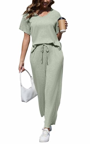 Joligiao Zweiteiler Damen Sommer Schlafanzug Lounge Set Gestrickt Hausanzug Nachtwäsche Einfarbig Lounge Freizeit Set Rippen Kurzarmhemd Pyjama V Ausschnitt Musselin Kurzarmhemd Loungewear von Joligiao
