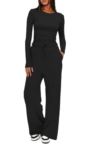 Joligiao Zweiteiler Damen Tracksuit Trainingsanzug Set Langarm Rundhalsausschnitt Jogginganzug Hausanzug Slim Fit Sweatshirt und Weites Bein Hose mit Taschen Freizeitanzug Sportanzug (Schwarz,XS) von Joligiao